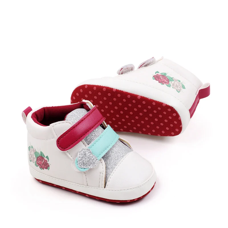 Glitter Heart Baby Girls Rose Print Pattern Different Colors Double Hook and Loop High Top Casual Shoes details