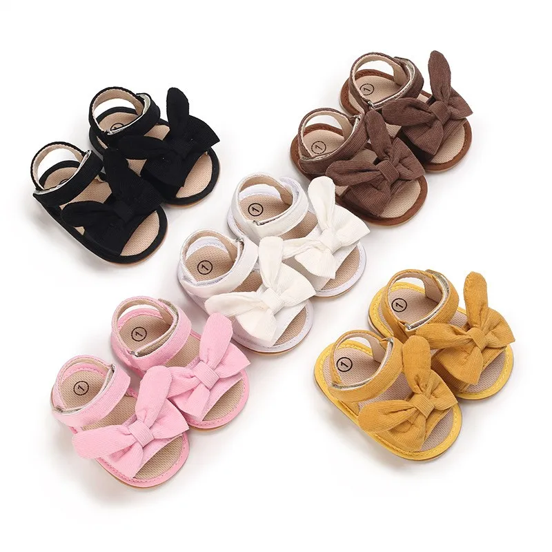 New Arrival Summer Newborn Bowknot Outdoor Sport Rubber Soft Sole Flannel Fabric Baby Gril Sandals