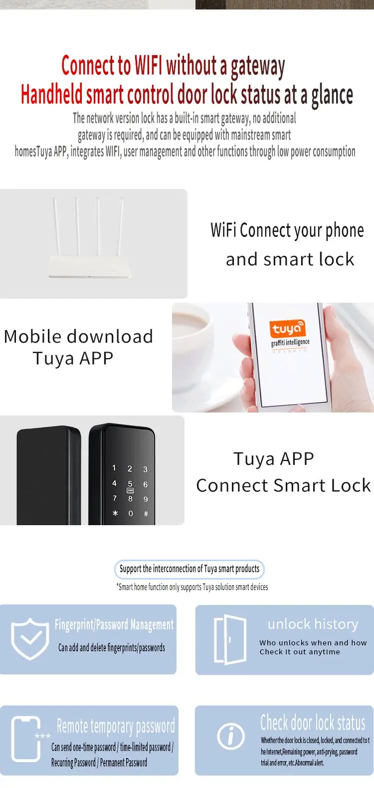 Qleung S819 Aluminium Door Fingerprint WiFi Enabled Tuya TTlock With Password Key Card dla domu 5