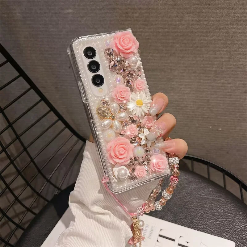 Luxury Flower Pearl Diamond Phone Cover For Samsung Galaxy Z Fold 5 4 3 Bling Rhinestone Cover For Z Flip 5 4 3 With Chain