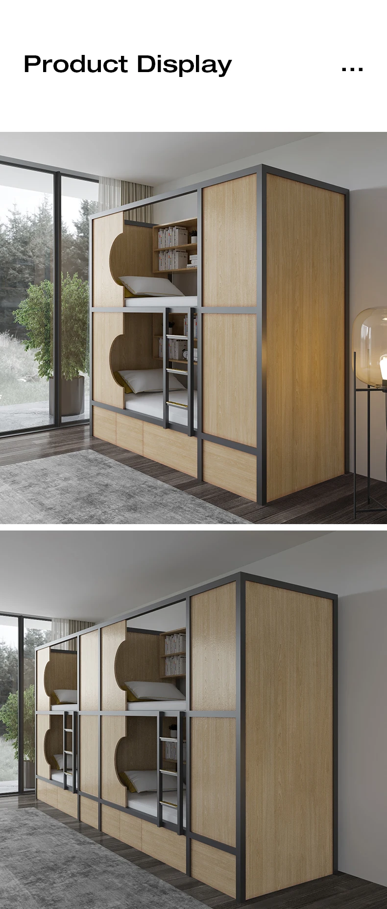 product free 3d design service metal and wooden loft capsule saving space double decker metal bunk dormitory bed with storage cabinets-8