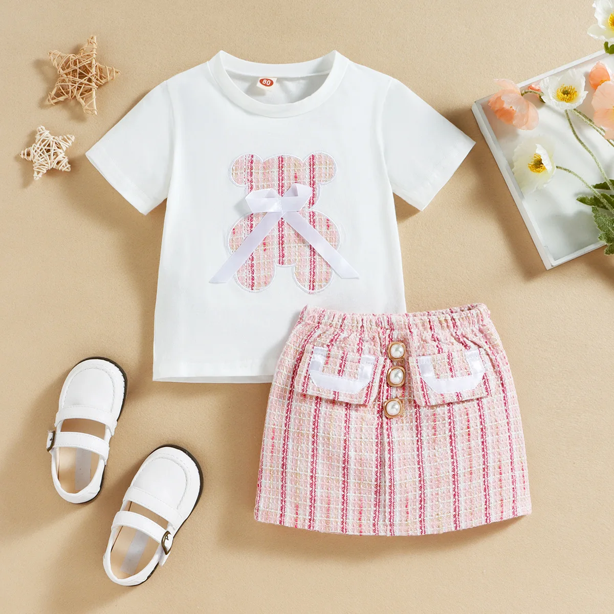 2023 summer girls clothing sets kids wear princess style bear print shirts plaid skirt 2pcs suit toddler clothes
