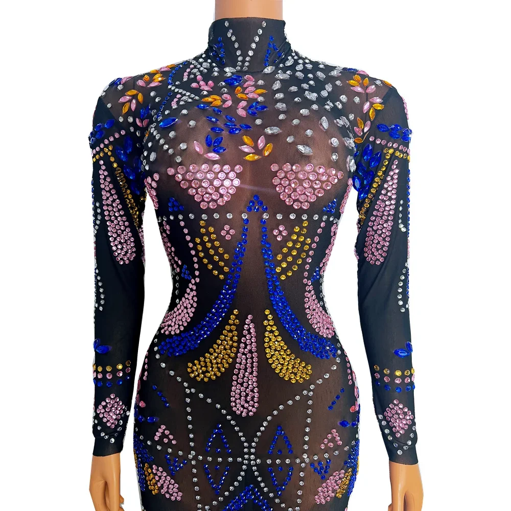 Women Sexy Strapless Mesh See Through Crystal Maxi Dress Evening Party Singer Stage Performance Costume Luxury Birthday Dress