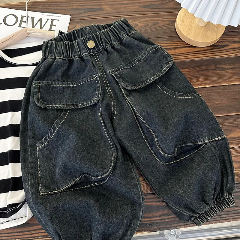Children's Jeans Boy's Child Labor Pants Autumn Wear 2023 New Vintage Pockets Baby Casual Trousers Trend
