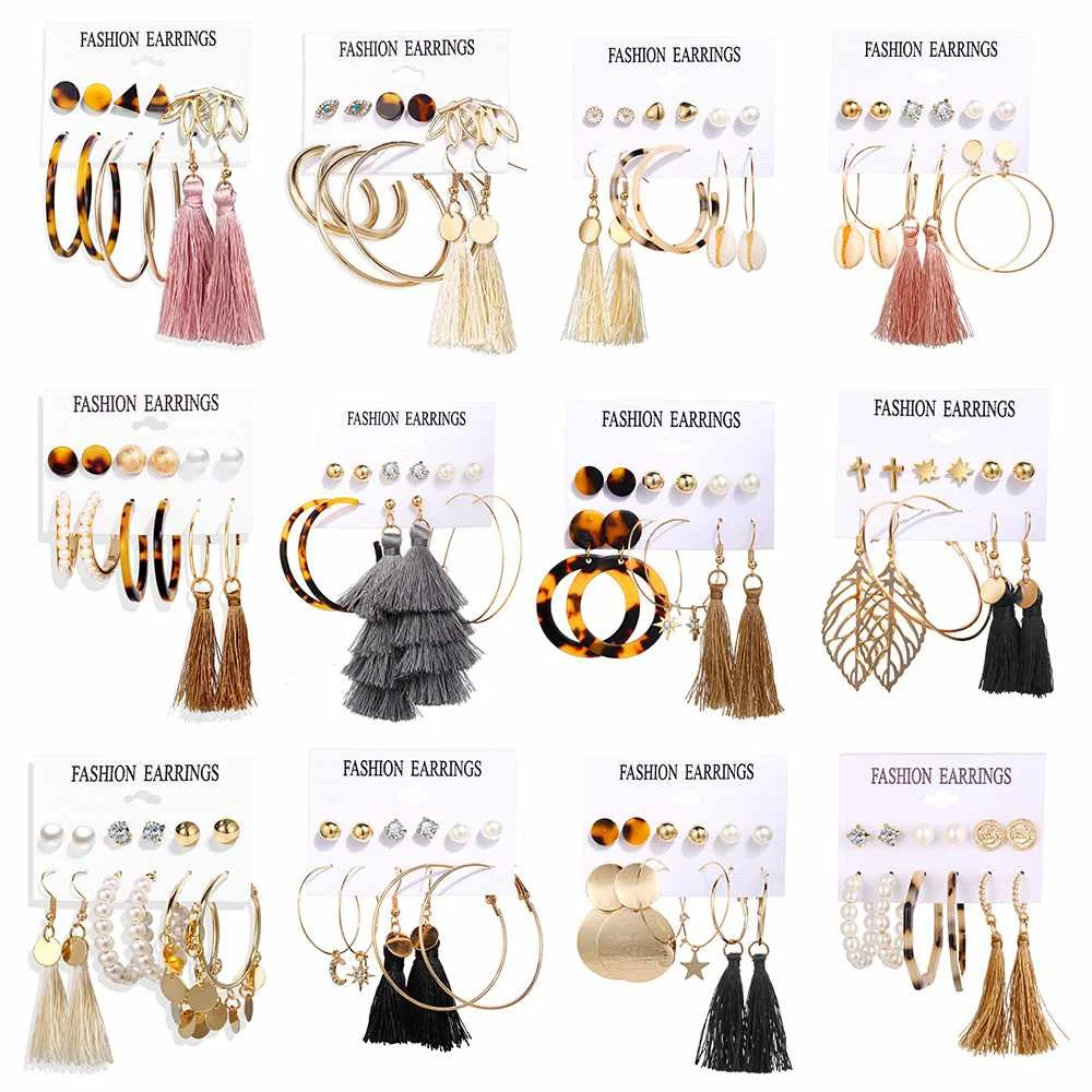 Wholesale price Acrylic Pearl Earrings Mixed Designs Leopard Tassel Drop Earrings Set for Women Fashion Jewelry