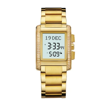 Wholesale Gold Iced Out Diamond Digital Prayer Watch Stainless Steel strap muslin azan watch