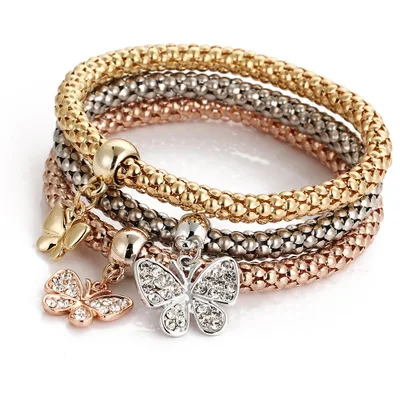 Hot Selling 3 Pcs Crystal Butterfly Popcorn Elastic Bracelets Set Heart Lock Charm Bracelet for Women