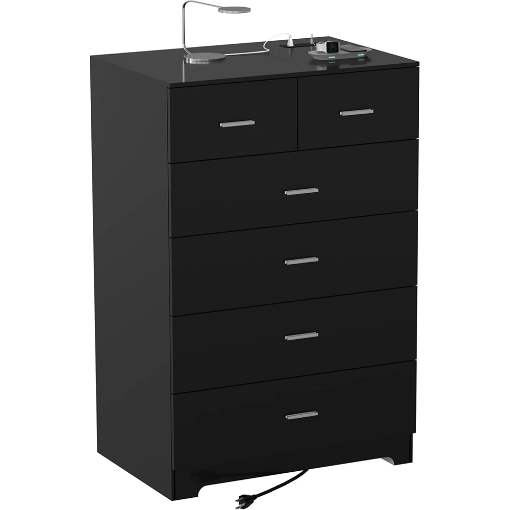 product nu deco mh25809 6 drawer wooden modern dresser with power outlets black tall storage smooth metal rail for bedroom-1