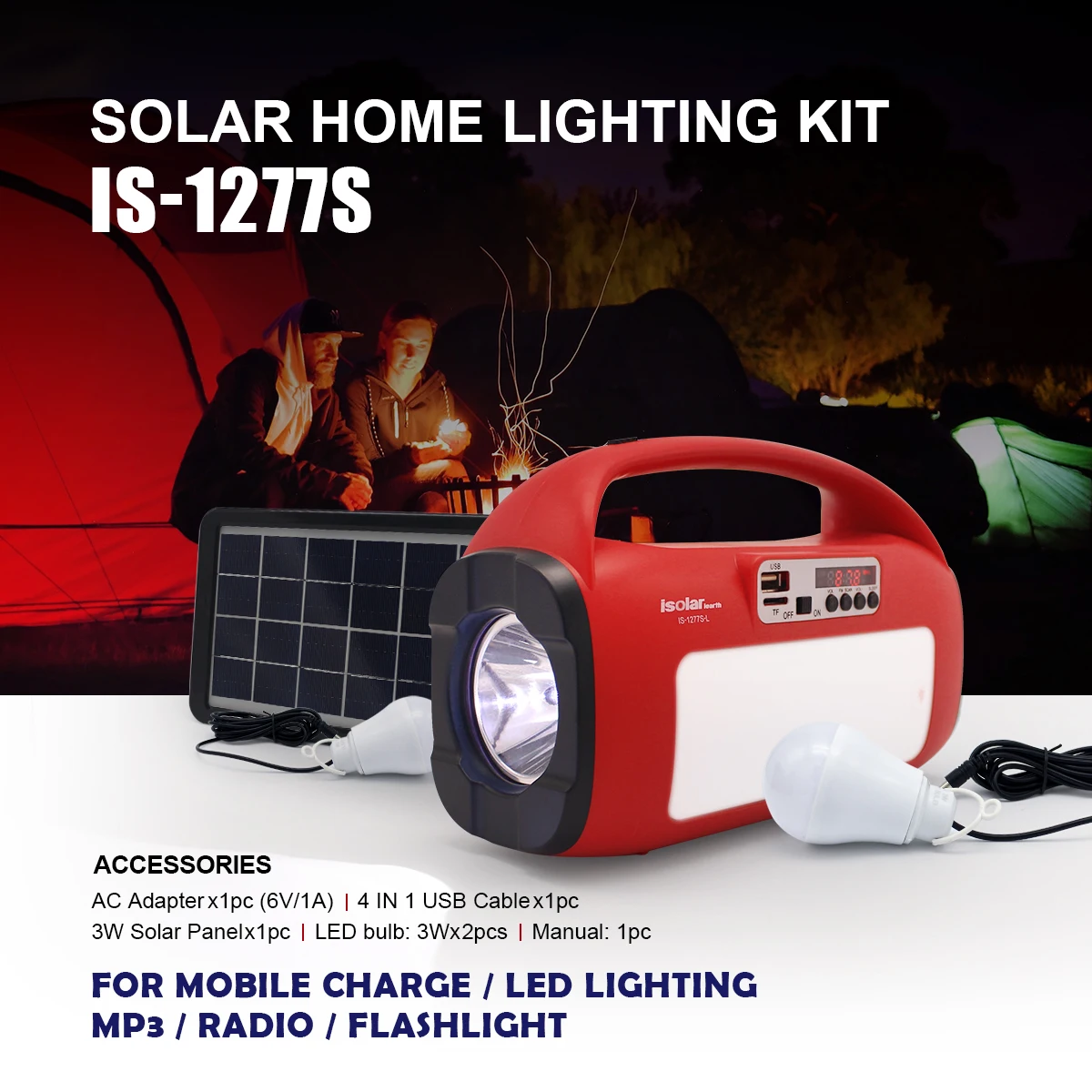 Ensemble Solaire D'éclairage avec Batterie, Lampe Torche et Haut-Parleur avec Radio FM-2
