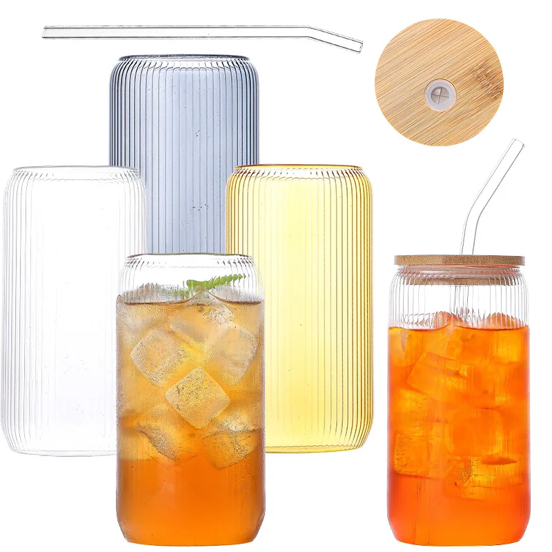 Vertical Stripes Clear Drinking Glasses Mug Tumbler Borosilicate Transparent Colored Glass Mason Jar Cups