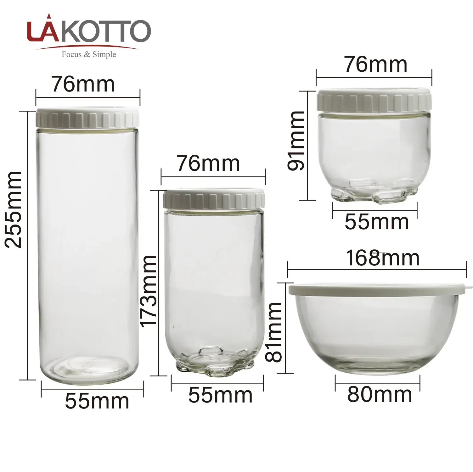 5-Piece Set of round Square Clear Glass Jars Air-Tight Canisters for Kitchen Food Storage Custom Size with  Airtight Plastic Lid