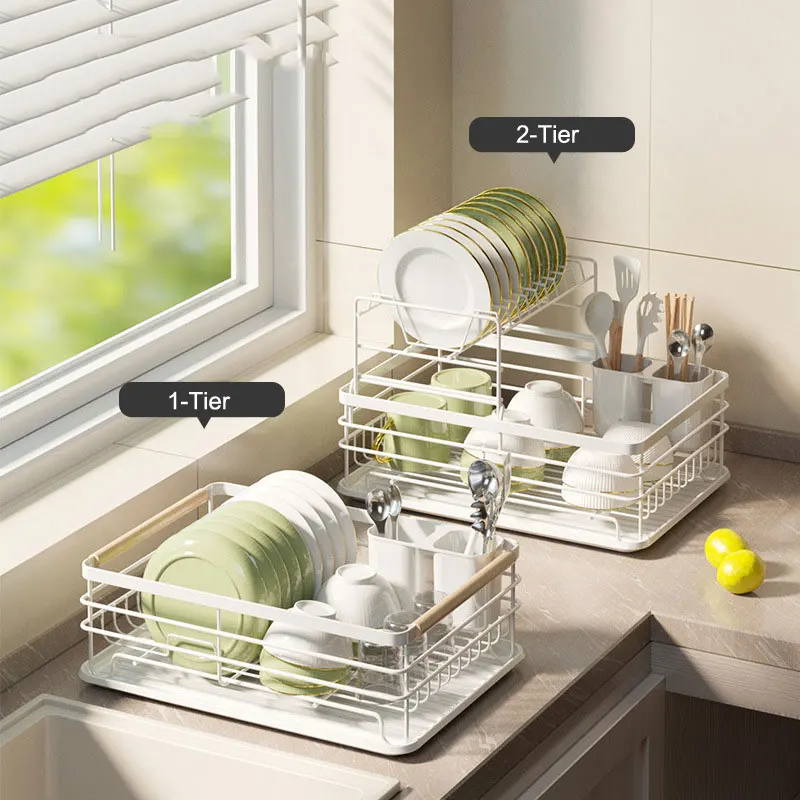 Wholesale Stainless Steel Stocked Frying Dish Drying Rack with drainboard Kitchen Plates Organizer Customized