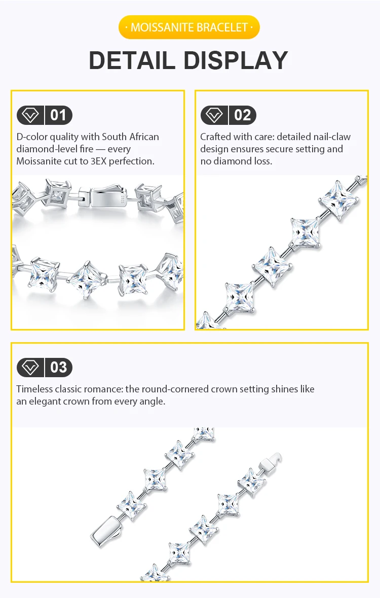 925 Silver VVS1 Moissanite Princess Cut Star Design Luxury Fine Jewelry Sparkling Moissanite Tennis Bracelet