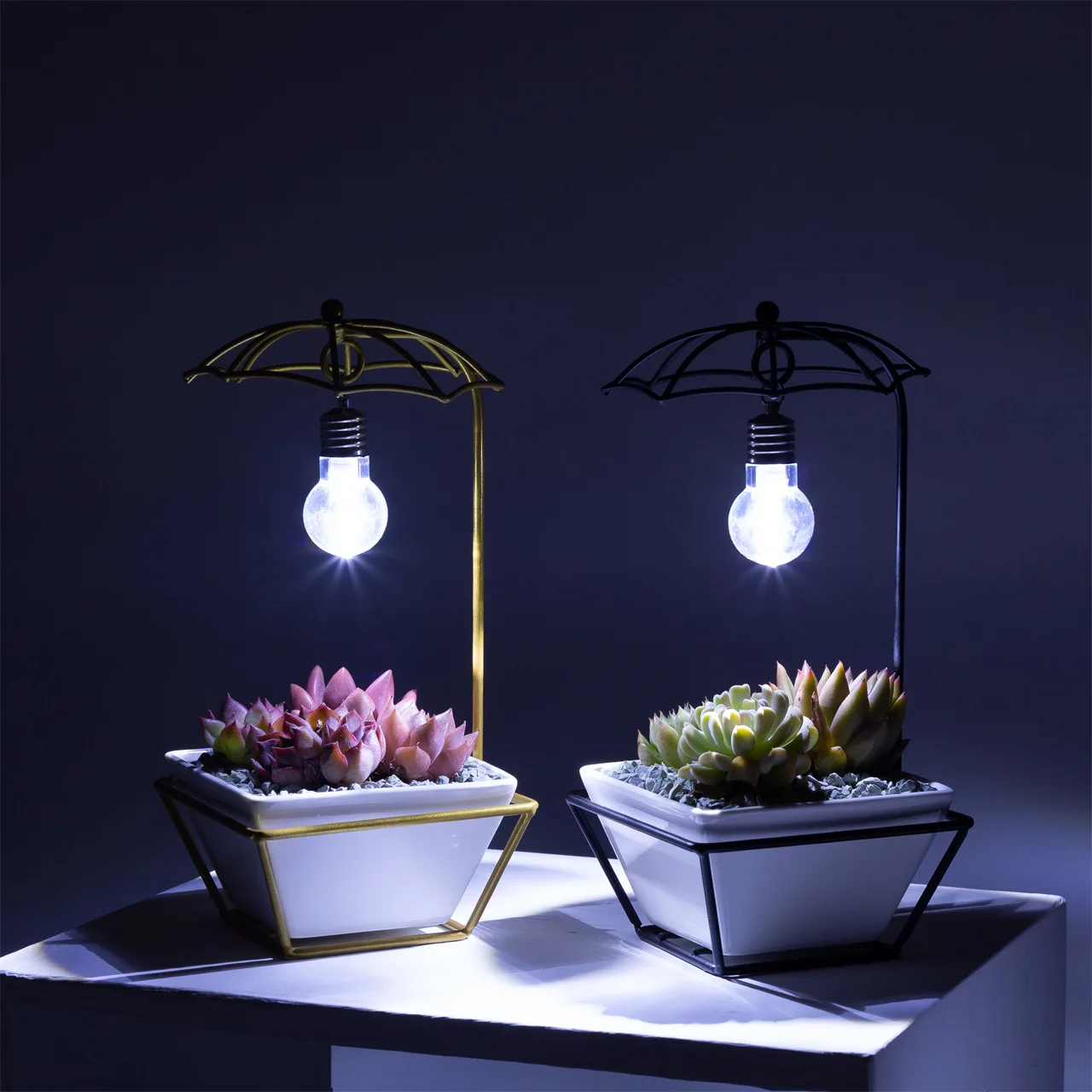 Modern Umbrella Shape Bulb Lamp White Light Succulent Ceramic Pot Gold Metal Flower Planter Pot Flower Pots & Planters