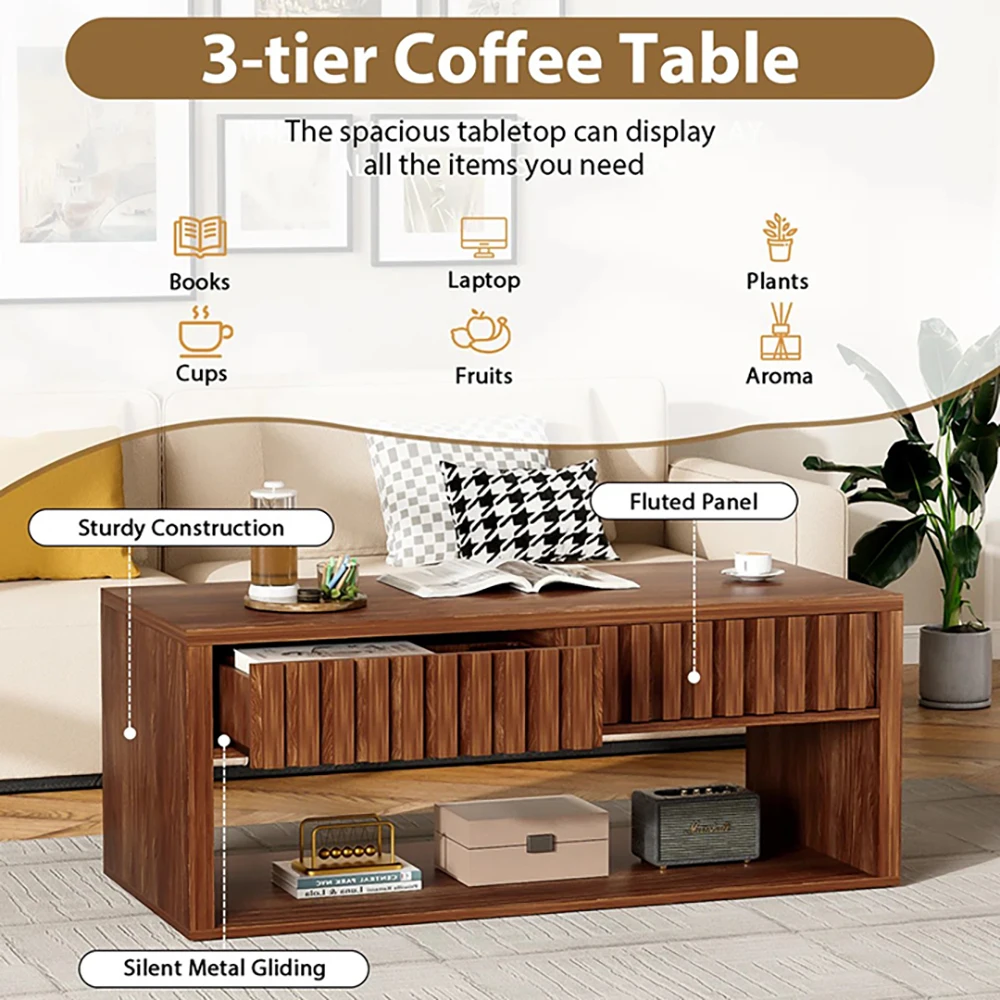 Modern Brown Rectangular Wood Coffee Table with Fluted Style Drawers and Storage Shelves for Living Room Furniture manufacture