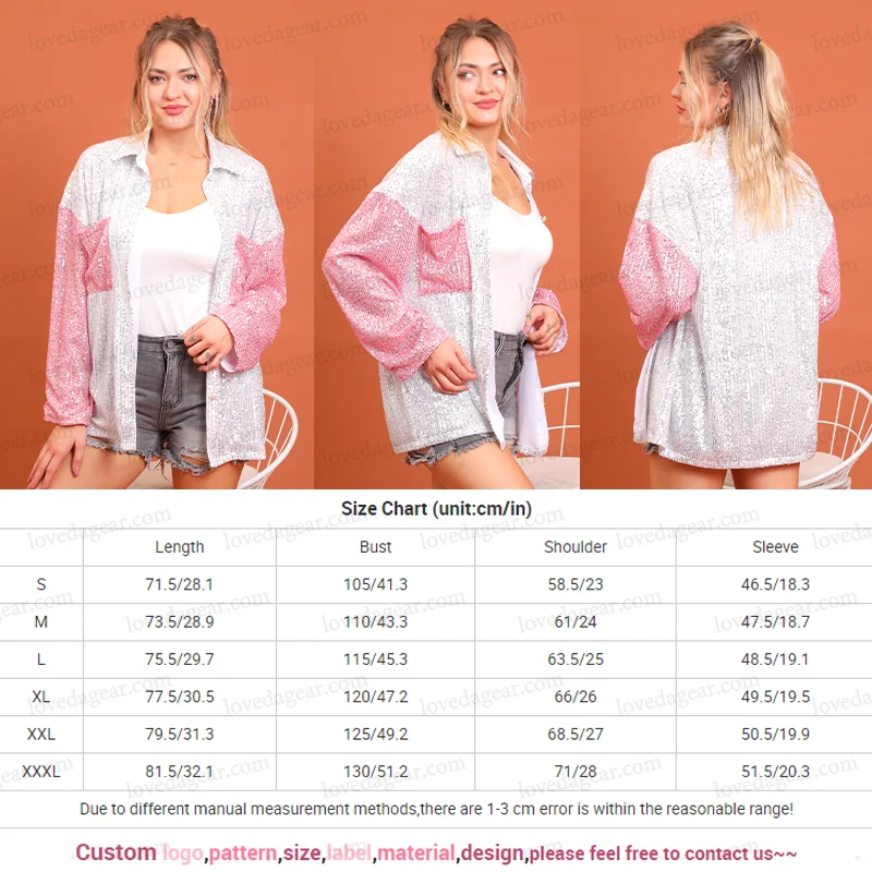 Wholesale Fashion Oversized Long Sleeve Pink Sequin Sparkle Women Coats Jacket Shackets for Ladies