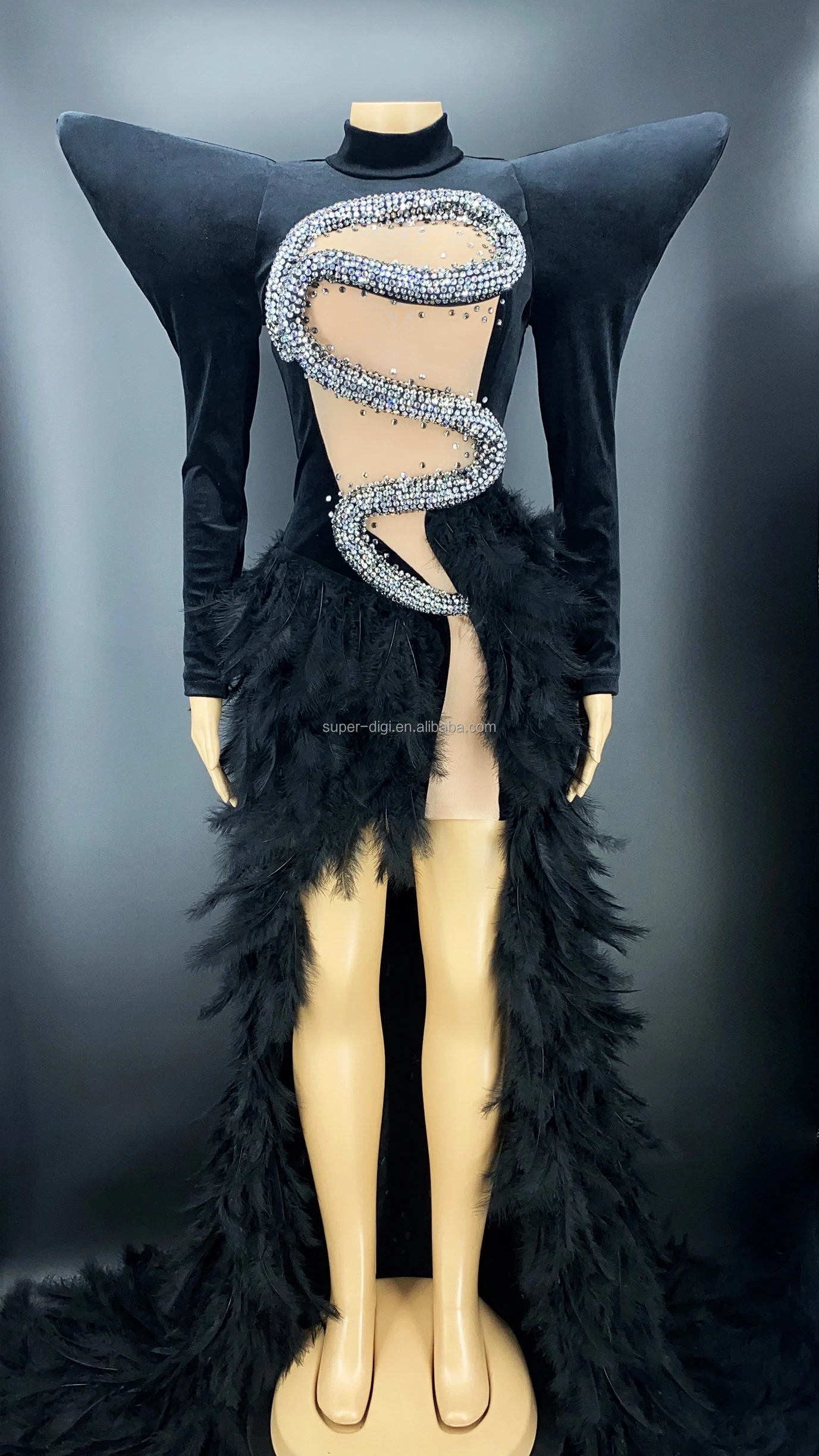 Black Feather Dress - Diamond Snake Cutout for Women