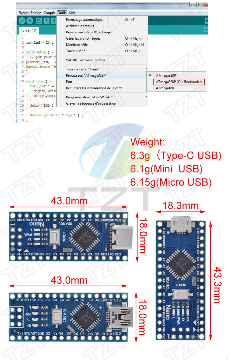 TZT Type-C USB Nano 3.0 With Bootloader Compatible Nano 3.0 Controller For Arduino CH340 USB Driver 16Mhz Original IC ATMEGA328P
