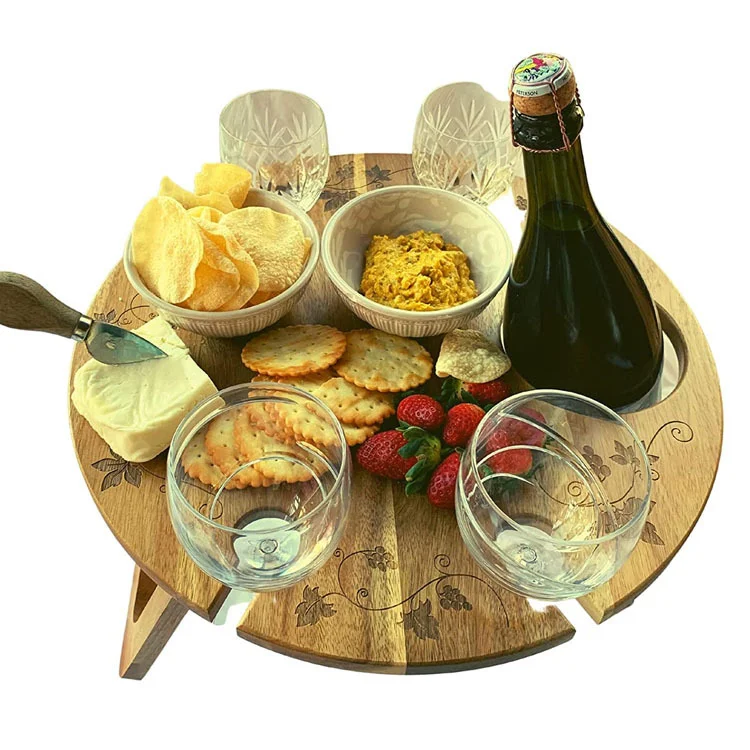 Classic Outdoor Picnic Folding Tray with Wine Glasses Holder, Natural Snack Tables for Eating at Couch, Easy Assembly