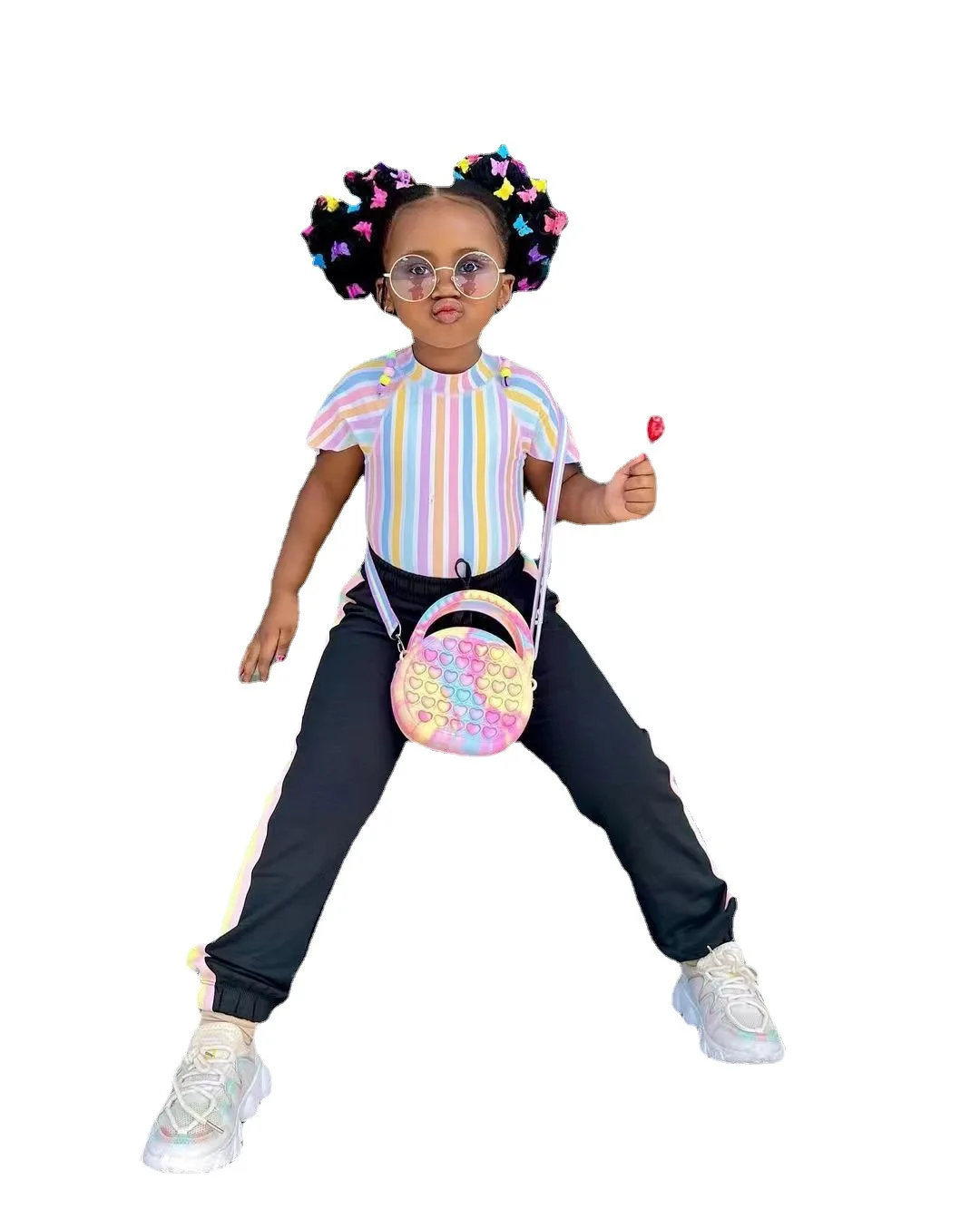 New trendy girl's clothing candy-color stripe t-shirt tops+stitching sports trousers casual two piece toddler girl clothes