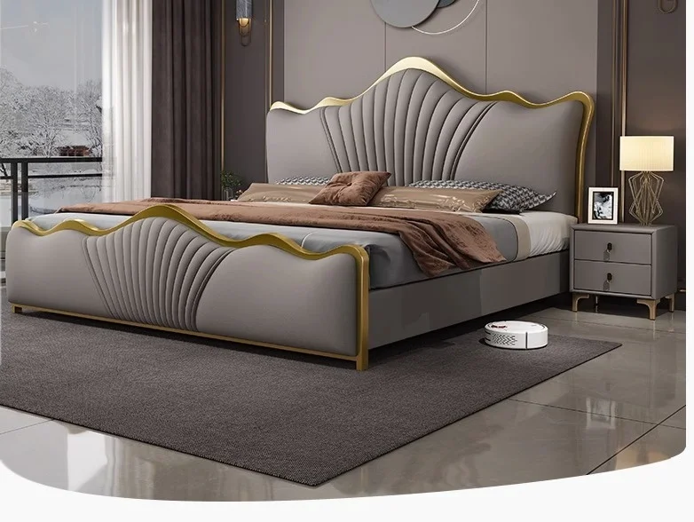 New Designs Luxury King Size Modern Leather Bed with Gold Stainless Steel Frame High Double Bed Upholstered Leather Headboard