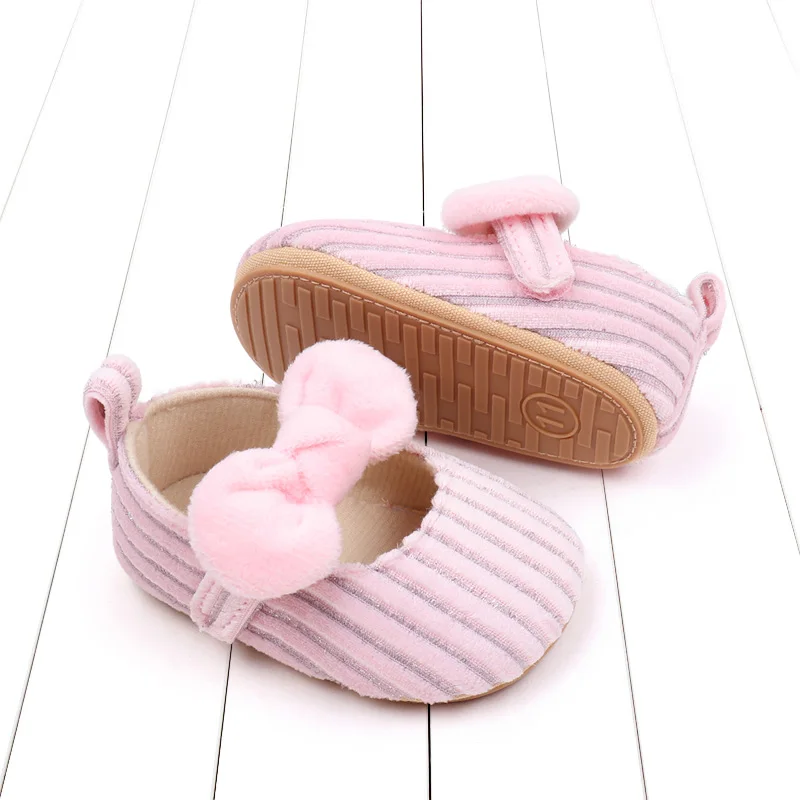 Spring and Autumn Plush Bow Striped Soft Soled Toddler Shoes for Baby Girls supplier
