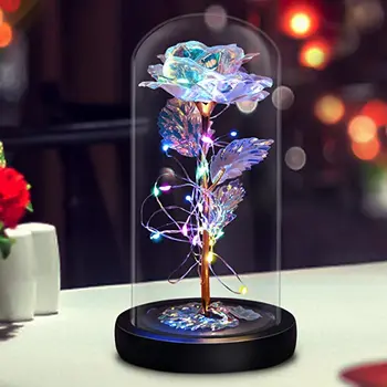Led Light String on 24K Gold Foil Colorful Galaxy Rose in Glass Dome Unique Gifts for Mother Day Valentine's Day birthday