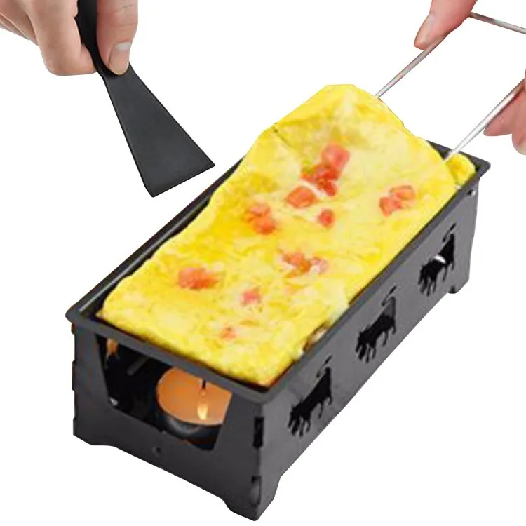 Non-Stick Raclette Grill Set Cheese Melter Pan with Spatula Foldable Wooden Handle Melted Cheese Raclette Carbon Steel Kitchen