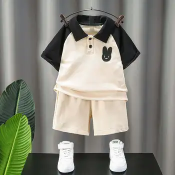 Children's polo shirt set, color matching summer short sleeved shorts, lapel casual sports set