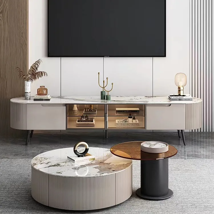 Living Room Furniture Modern Design Marble Center Table Tv Cabinet Set Rock Slab  TV Stand Side Cabinet Round Center Table Set