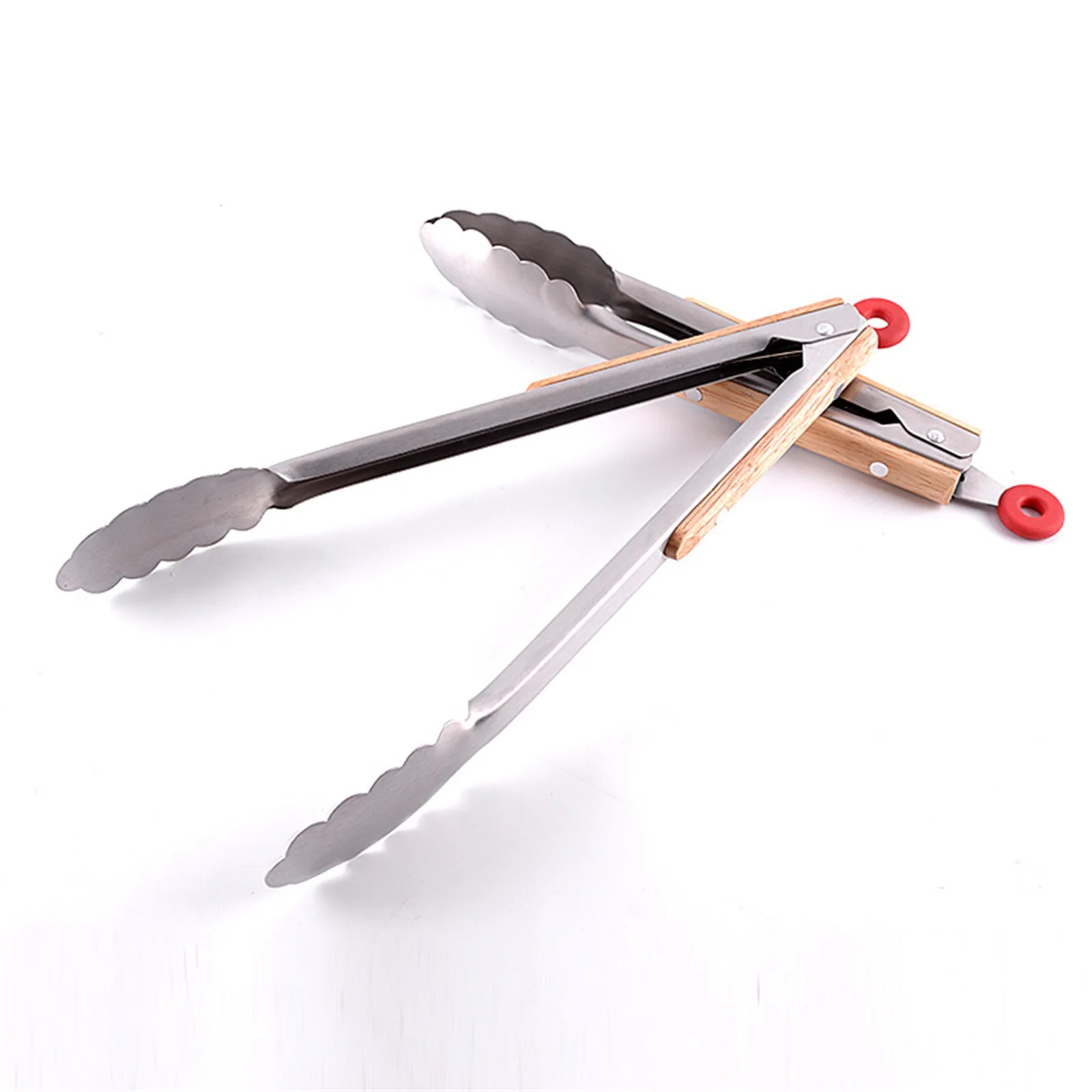Metal Tongs Stainless Steel BBQ Grill Tongs with Oak Wood Handle Cooking Kitchen Tongs Locking Food for Grilling