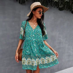 Ying Tang Custom Bohemian Elegant Casual Holiday V-Neck Mini Dress Sexy Loose Floral Print Short DressOEM/ODM