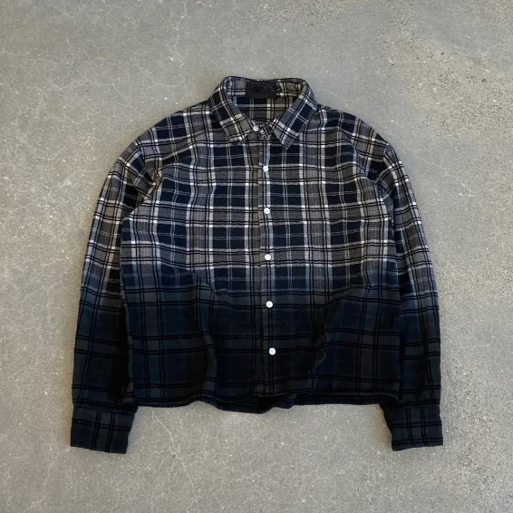 Streetwear Custom Casual Cotton Polyester Button Vintage Acid Wash Check Plaid Long Sleeve Shirts for Men manufacture