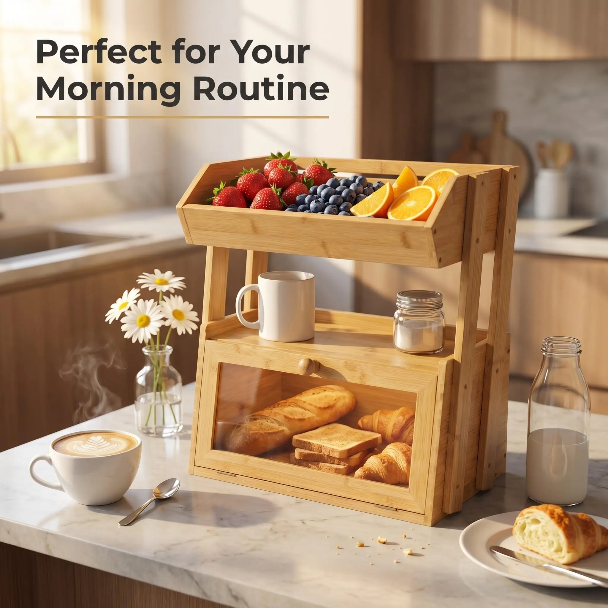 product multifunctional bamboo bread box with fruit basket 2 tier kitchen countertop organizer large capacity spice rack storage shelf-4