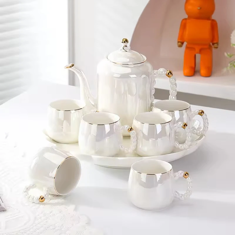 Nordic Pearl Glass Ceramic Water Set Color Glazed Gold Edge Coffee Cup Tea Set with Tray