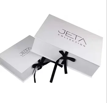 Custom luxury white magnet flap clothing paper box magnetic closure gift boxes with black ribbon