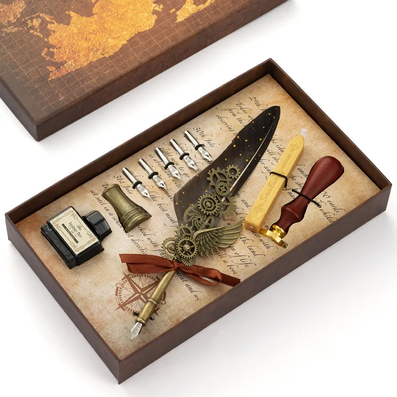 Calligraphy Feather Dip Pen Writing Stationery set Gift Box with Ink Sac Wedding Gift Quill Pen Fountain Pen