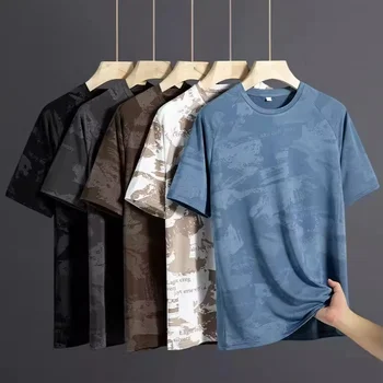 2024 Summer short sleeve cotton T-shirt for men Plus size Breathable outdoor sports running quick dry camouflage T-shirt for men