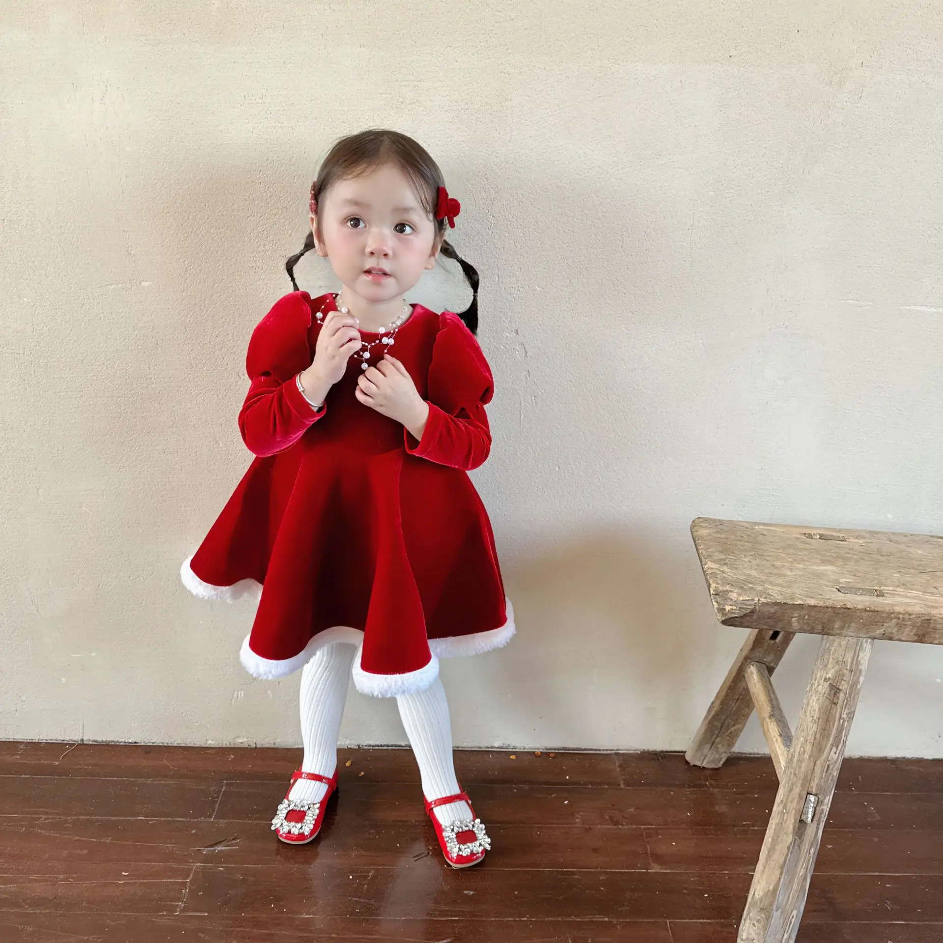 Girls' Red puffed sleeve dress Christmas New Year Girls' Dress Princess dress Birthday dress Children