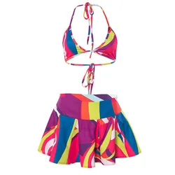 Multicolored 2 Piece Set Women Summer Vacation Beach Stylish Halter Bandage Bra+Pleated Skirt Swimwear Women