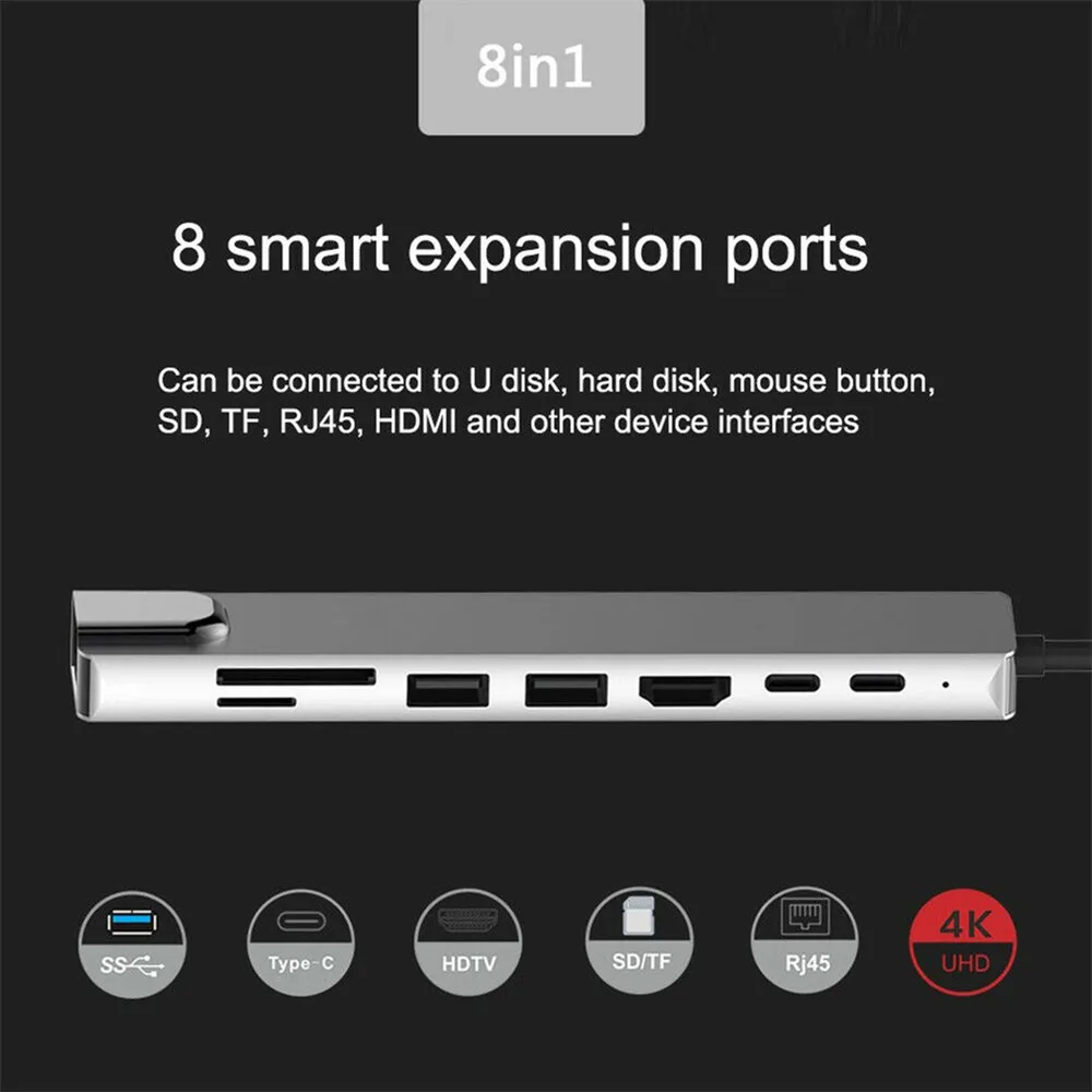 8 en 1 Typt-C USB Type C vers HD RJ45 Gigabit Ethernet Adaptateur USB 3.0 HUB Dock avec lecteur de carte PD Chargeur 87W 4K Multi Adaptateur