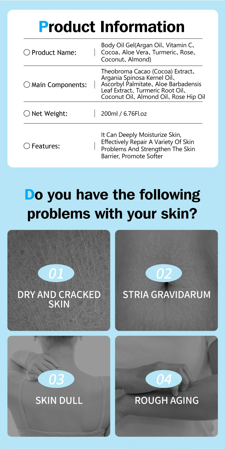 100% Natural Rose Body Oil Gel for Skin Glow Moisturizing Organic Fragrance Body Gel Oil Skin Brightening Products