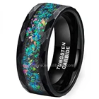 8mm Hammered Men Tungsten Carbide Rings Women Wedding Band Luxury Galaxy Opal Inlay Matte Finish Comfort Fit