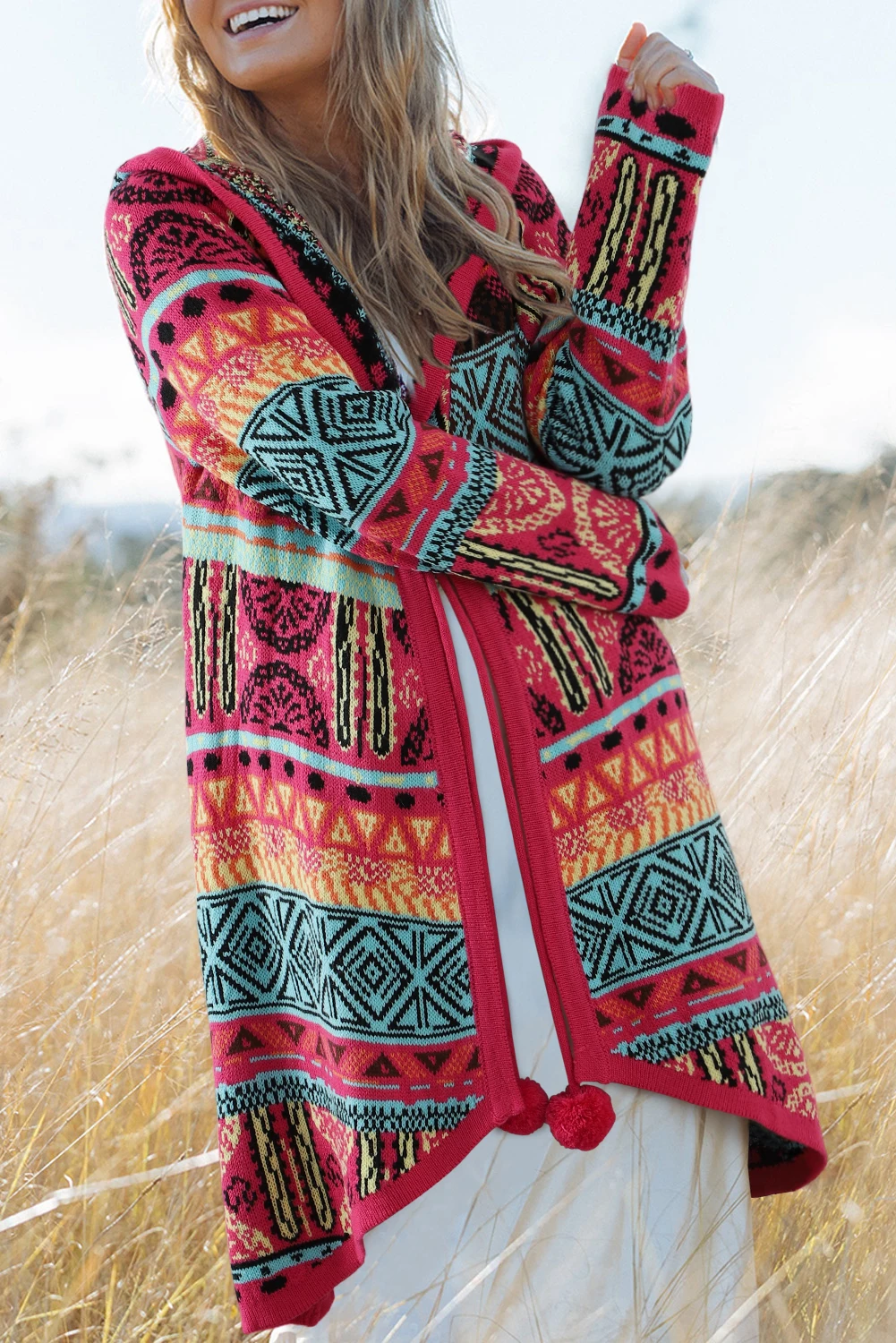 Dear-Lover Boho Aztec Knitted Pom Pom Tie Long Sweater Women Hooded Maxi Cardigan