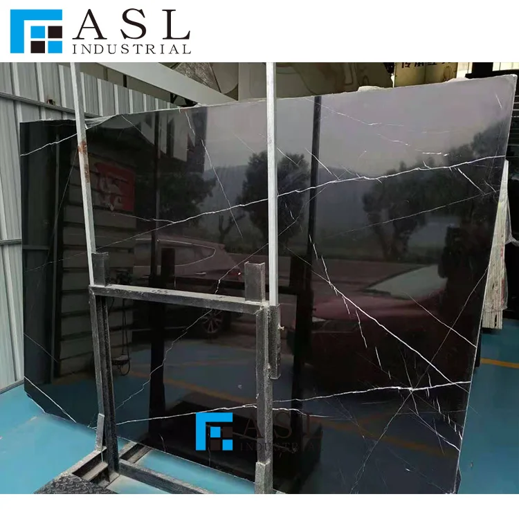 Polished natural white veins glossy black floor tiles design bathroom stone slab Chinese floor nero Margiua tiles and pure blac