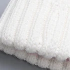 Fur Fur Hat Adult Women White Custom Leather Label Ribbed Cuff Faux Fur Ball Pom Pom Beanie Hat