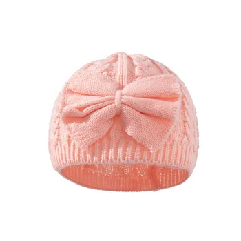 Hot Sale New Cute Monochrome Acrylic Dome Bowknot Knitted Winter Warm Childrens Hat