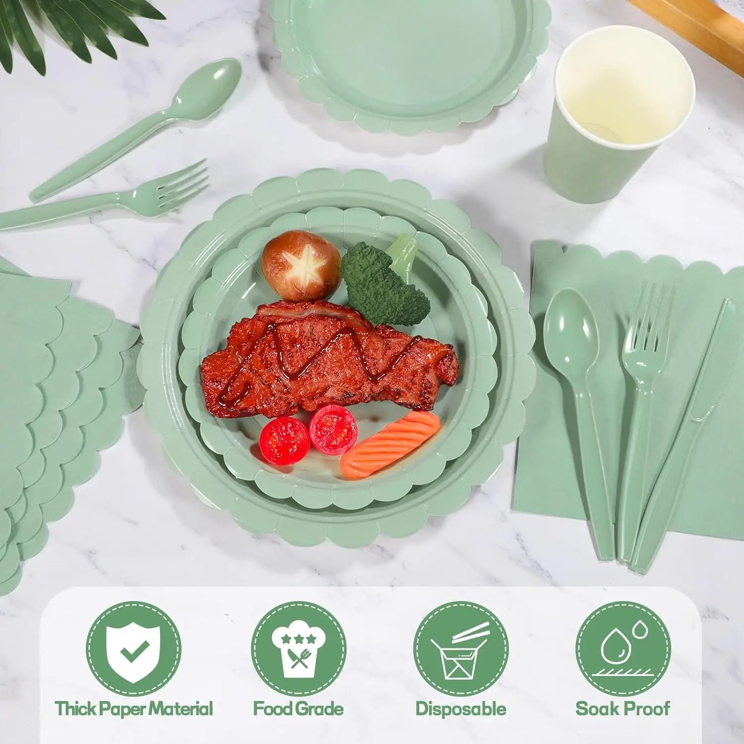 Rat Tail Green Lace Party Tableware Set Solid color Birthday Party Decorations Pure color Disposable Paper Plates And Cups