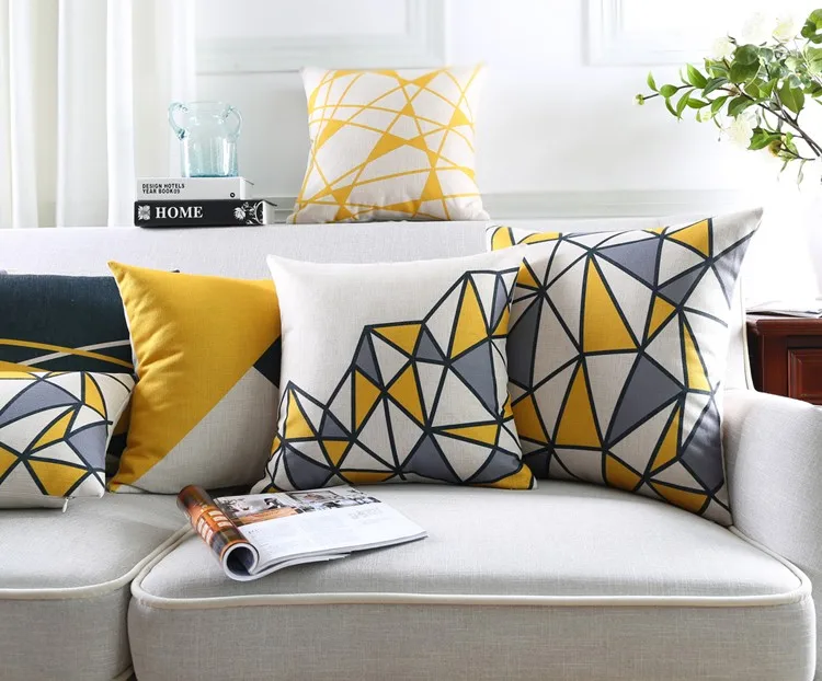 Linen Pillow Cover Geometric Yellow Grey Triangle Block Cushion Cover
