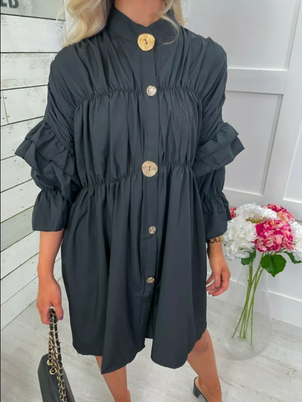 Clothing Factory Wholesale Women's Pleated Open Button Stand Collar Shirt Style Personality Loose Dress